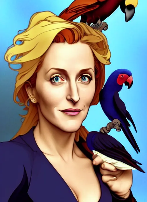 Image similar to cute gillian anderson as a pirate wearing black. parrot on his shoulder, natural lighting, path traced, highly detailed, high quality, digital painting, by don bluth and ross tran and studio ghibli and alphonse mucha, artgerm