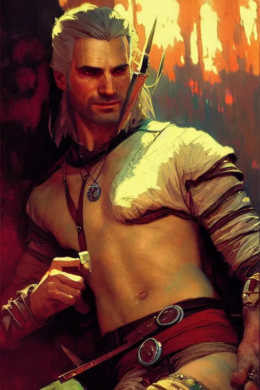 Prompt: attractive man, witcher, cool colors, painting by gaston bussiere, craig mullins, greg rutkowski, alphonse mucha