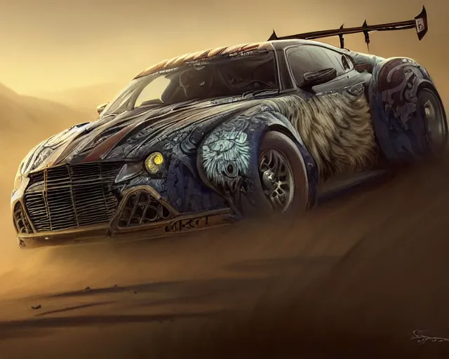 Image similar to sports car with tribal decal, tribal, wolf, nature, tyres, smoke, dust, soil, deep focus, d & d, fantasy, intricate, elegant, highly detailed, digital painting, artstation, concept art, matte, sharp focus, illustration, hearthstone, art by artgerm and greg rutkowski and alphonse mucha