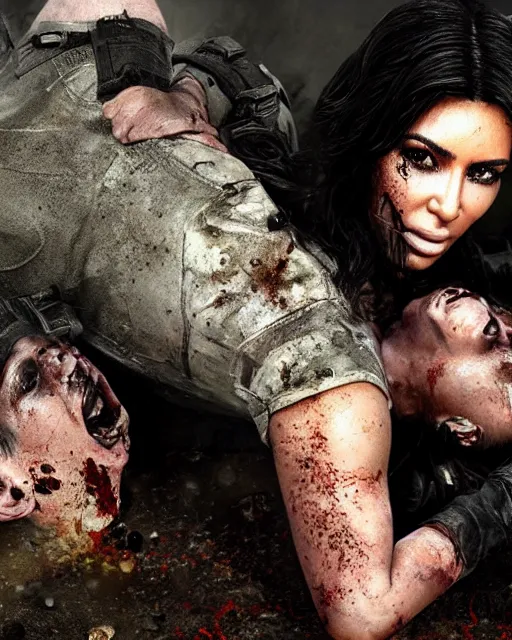 Prompt: A photo still of kim kardashian being held on the ground by zombies in resident evil, highly detailed, artstation, concept art, sharp focus, illustration, cinematic lighting, wide-shot.