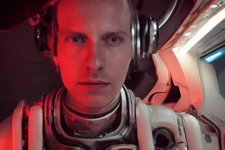 Image similar to VFX movie of a futuristic spaceman closeup portrait in high tech spaceship, beautiful natural skin neon lighting by Emmanuel Lubezki