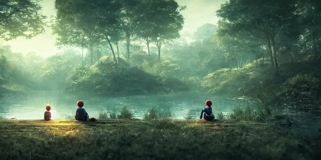 Image similar to a silver dragon and a boy sitting next to lake in forest, many fireflys, at night, concept art, dof, cryengine, digital art, detailed background, makoto shinkai