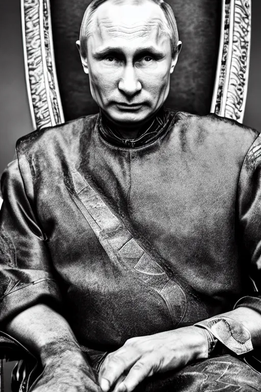 Image similar to A photo of vladimir putin the barbarian sitting on his throne, award winning photography, sigma 85mm Lens F/1.4, perfect faces