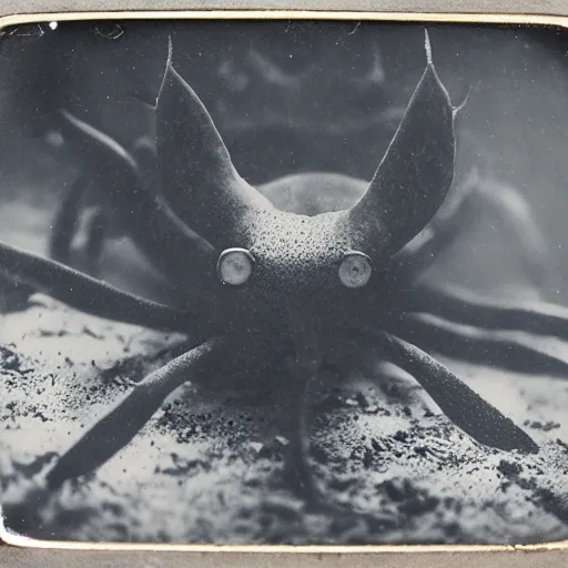 Image similar to tintype photo, swimming deep underwater, squid spider bug