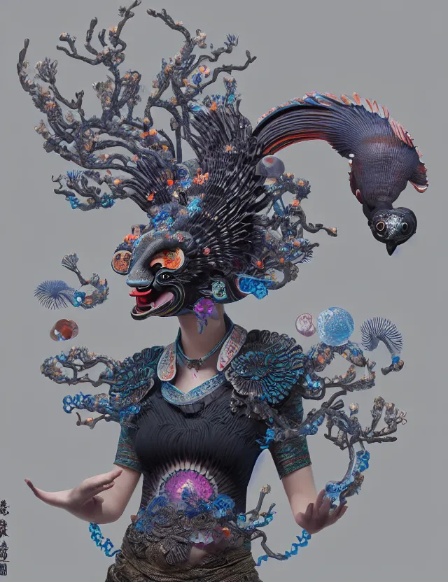 Image similar to 3 d goddess bottom - up with ram skull. beautiful intricately detailed japanese crow kitsune mask and clasical japanese kimono. betta fish, jellyfish phoenix, bio luminescent, plasma, ice, water, wind, creature, artwork by tooth wu and wlop and beeple and greg rutkowski