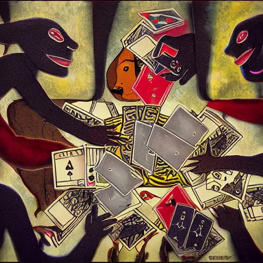 Image similar to a group of otherworldly creatures playing with cards, by wayne barlow