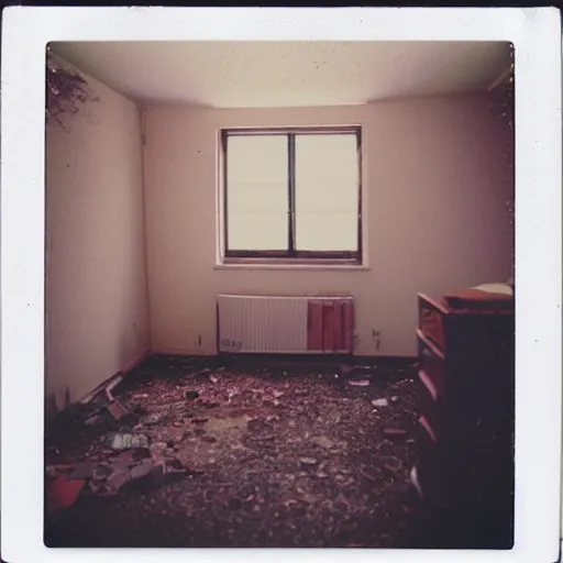 Image similar to a polaroid photo a of an abandoned and rather lonely college student's bedroom, completely empty, desolate and devoid atmosphere, faint string lights hung on the wall can be seen, shot with portra 400