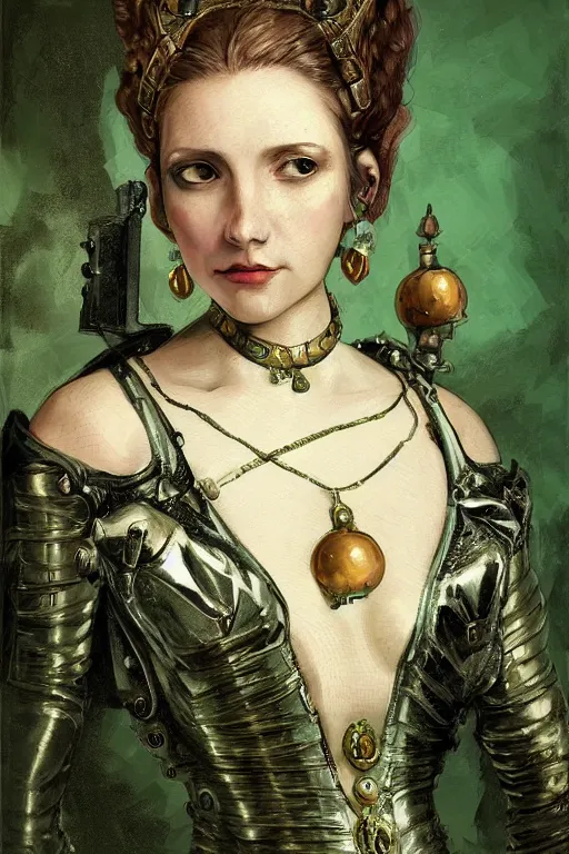 Prompt: portrait, headshot, digital painting, of a old 17th century, beautiful lady cyborg merchant, amber jewels, dark green satin dress, implants, baroque, ornate clothing, scifi, futuristic, realistic, hyperdetailed, chiaroscuro, concept art, art by waterhouse and witkacy