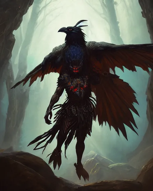 Image similar to oil painting of a Anthropomorphized raven shaman fusing with dragon, sharp focus, heroic pose, fantasy style, octane render, volumetric lighting, 8k high definition, by greg rutkowski, highly detailed, trending on art Station, magic the gathering artwork, Woodland background, centered