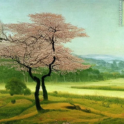 Image similar to beautiful landscape with cherry trees, painted by Caspar David Friedrich, painting