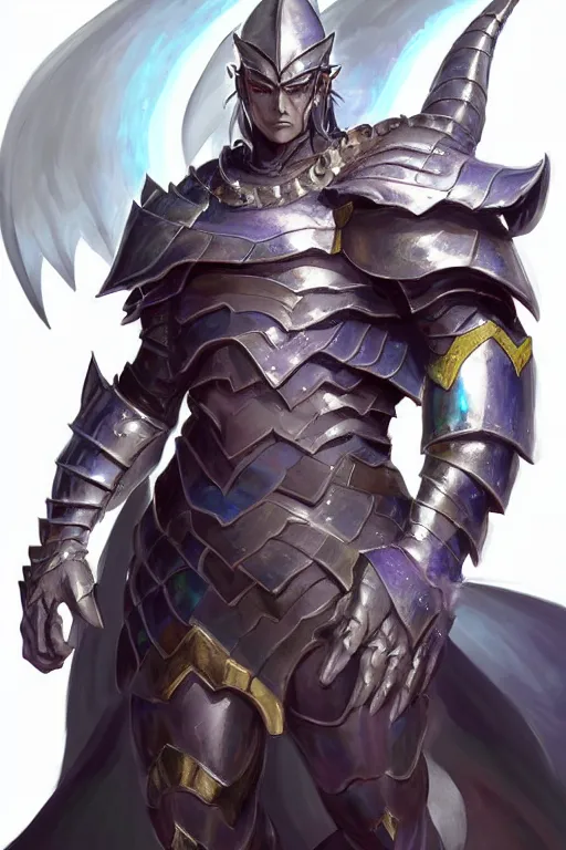 Image similar to Full body character concept art of an anime draconian warrior knight, iridescent scales, cool face, muscular, by Stanley Artgerm Lau, WLOP, Rossdraws, James Jean, Andrei Riabovitchev, Marc Simonetti, and Sakimichan, tranding on artstation