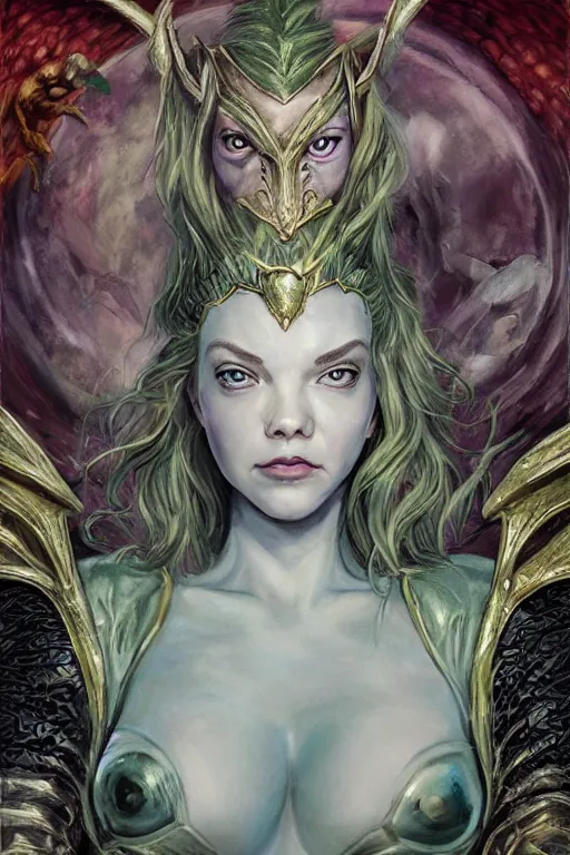 Image similar to A fantasy comic book style portrait painting of Cory Chase, hybrid, Anya Taylor-Joy, as an Atlantean Reptilian Warrior, François Boucher, Oil Painting, Mystical, Modest, Valkyrie, wearing intricately designed, jewel inlaid Armor, unreal 5, DAZ, hyperrealistic, octane render, Regal, Refined, Detailed Digital Art, RPG portrait, William-Adolphe Bouguereau, Michael Cheval, Walt Disney (1937), Steampunk, dynamic lighting, Highly Detailed, Cinematic Lighting, Unreal Engine, 8k, HD