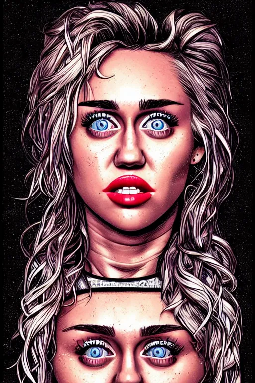 Image similar to a portrait of miley cyrus with long hair, drawn by robbie trevino and dan mumford, poster, digital art, comic art, concept art,, single head, no double head,