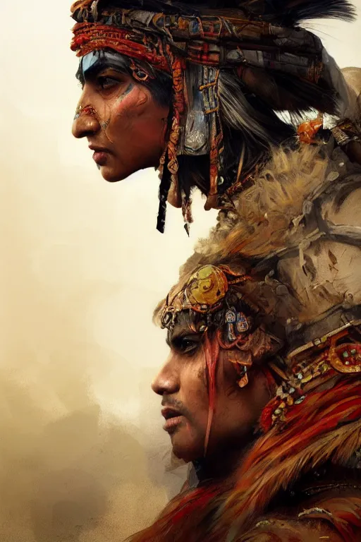 Prompt: indian warrior, close - up portrait, fierce, intricate, elegant, volumetric lighting, scenery, digital painting, highly detailed, artstation, sharp focus, illustration, concept art, ruan jia, steve mccurry