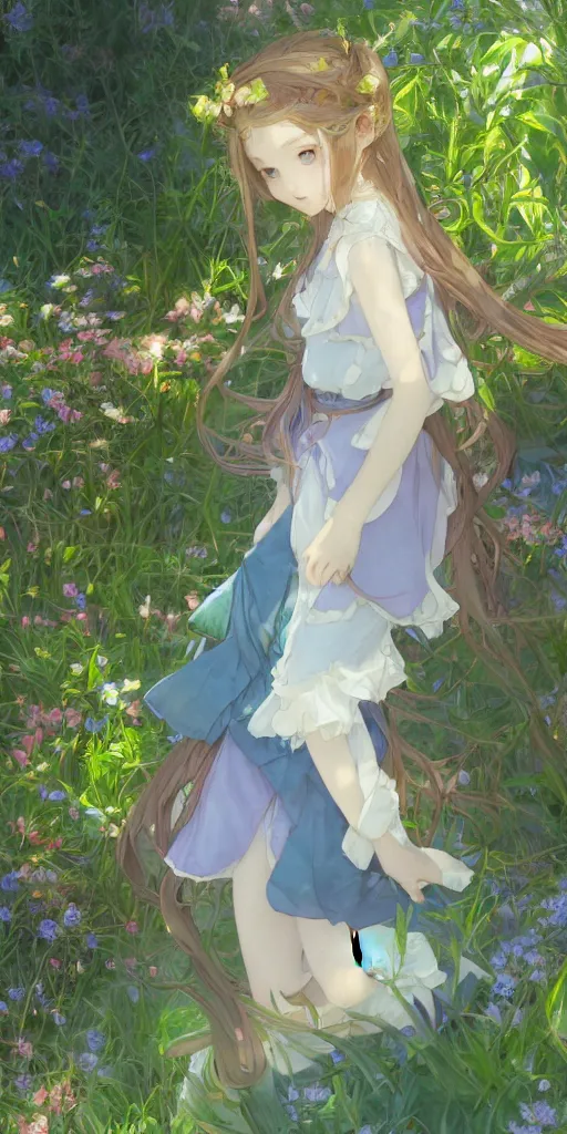 Prompt: a digital art of a loli with long hair in a dress in the privet garden at after noon, green and blue and warm theme, back lighting, by krenz cushart and mucha and akihito yoshida and greg rutkowski and makoto shinkai, detailed eyes, 4 k resolution, trending on art station