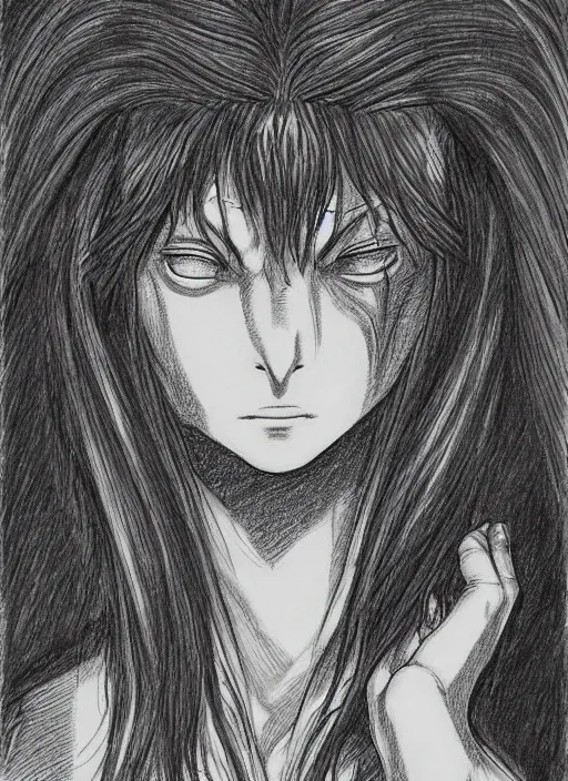 Image similar to line art pencil drawing of a chimera of a sad woman with big crying eyes,, art by shinichi sakamoto and kentaro miura