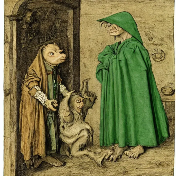 Image similar to a goblin monster and a child in a green hooded cloak, by Hans Holbein the Younger