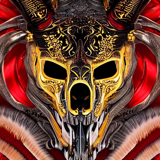 Image similar to portrait closeup of half wolf skull half iroquois warrior skull, dramatic lighting, circural, golden ornaments, symmetric, intricate skeletal decorations, symmetry, highly detailed, concept art, black, glimpse of red, white, gold layers, centered, style of nekroxiii, hyperrealistic, black background, smoke