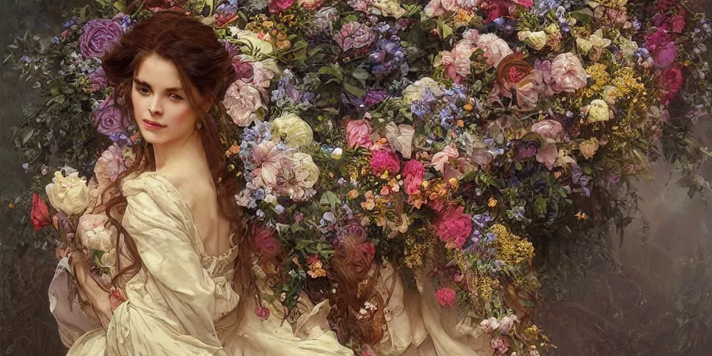 Prompt: portrait of a beautiful mysterious woman holding a large bouquet of flowing flowers, lying in an elaborate coffin, fantasy, regal, intricate, by stanley artgerm lau, greg rutkowski, thomas kindkade, alphonse mucha, loish, norman rockwell