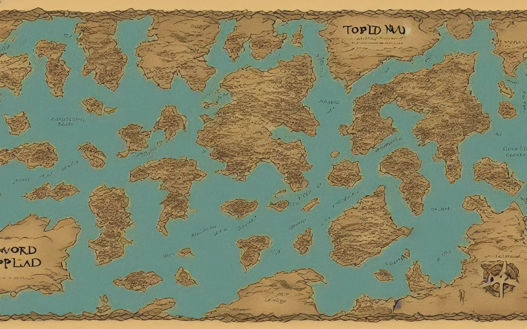 Prompt: a world map for a new fantasy land, topographical view with forests, lakes, oceans, seas, mountains, and other terrains