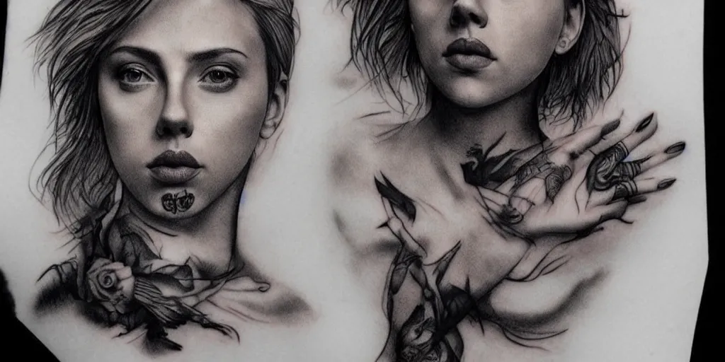 Image similar to realistic tattoo designs drawn on paper, dark, moon, visage scarlett johansson, delicate, hyper realism, tim burton, ink, ultra realistic, 8 k