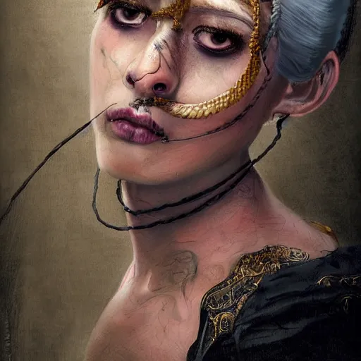 Prompt: portrait of a Shibari rope wrapped face and neck, headshot, insanely nice professional hair style, dramatic hair color, digital painting, of a old 18th century, Royal Emperor, facial tattoos, amber jewels, baroque, ornate clothing, scifi, realistic, hyperdetailed, chiaroscuro, concept art, art by Franz Hals and Jon Foster and Ayami Kojima and Amano and Karol Bak,