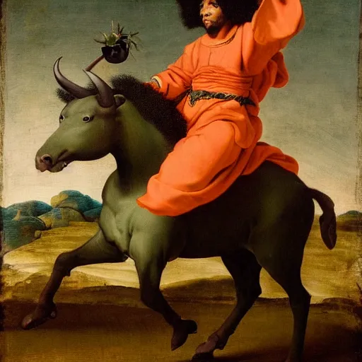 Image similar to photograph of a black man with afro hair wearing an army green cloak, riding!!! an orange!! bull!!!, renaissance style painting