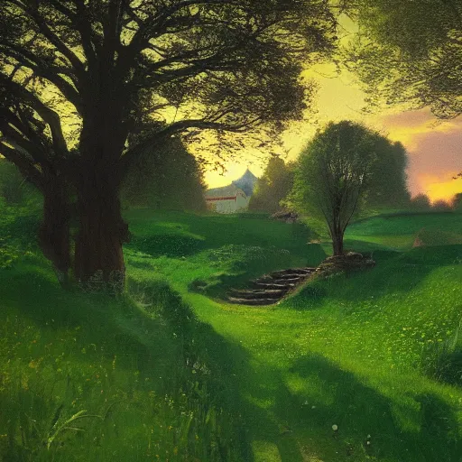 Prompt: sunrise spring hobbits house shire hobbit landscape by levitan masterpiece trending on arstation cinematic, beautiful lighting - 7 6 8