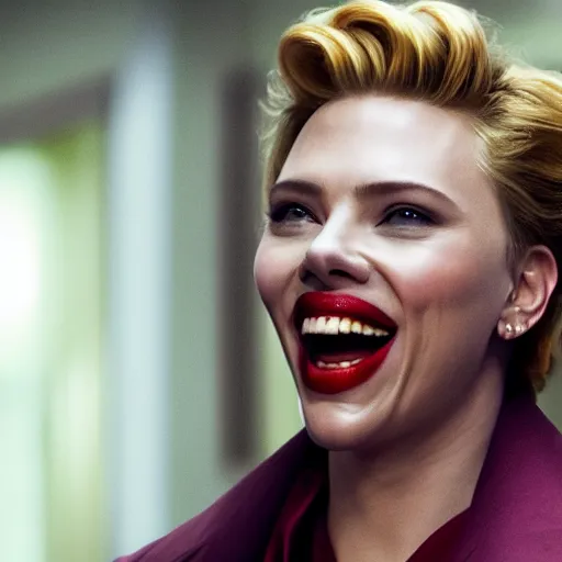 Image similar to beautiful awe inspiring Scarlett Johansen as The Joker smiling maniacally 8k hdr