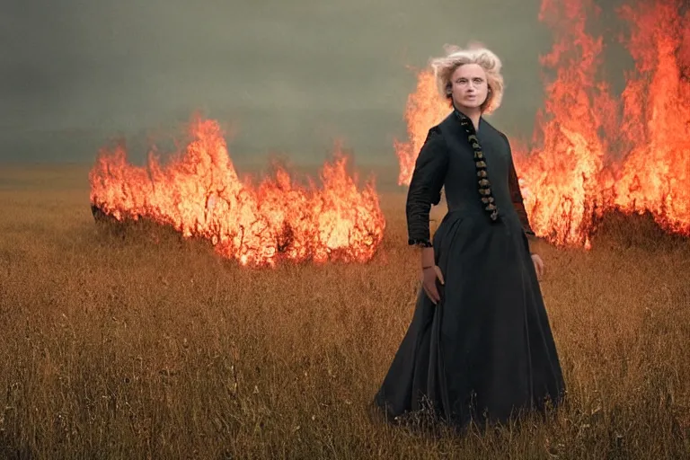 Image similar to a cinematic! headshot! portrait of a frozen middle aged woman stood in a field, field on fire, ultra realistic, depth, beautiful lighting, by annie leibovitz, by mattias adolfsson