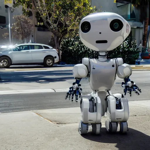 Prompt: LOS ANGELES, CA JUNE 7 2025: One of the most compassionate self-aware robots to emerge from the future-technology-portal.