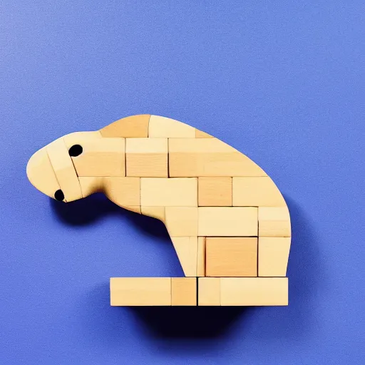 Prompt: a beautiful minimalist curvy shaped small sculpture of hippopotamus!!!, ( ( wood ) ) and ( ( blue epoxy ) ) on top mix, cubic blocks stripes cuts, side view profile centered, studio, design