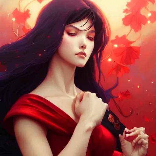 Image similar to Sailor Mars, fantasy, intricate, elegant, highly detailed, digital painting, artstation, concept art, matte, sharp focus, illustration, art by Artgerm and Greg Rutkowski and Alphonse Mucha