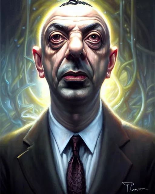 Image similar to lovecraft biopunk portrait of rowan sebastian atkinson by tomasz alen kopera and peter mohrbacher