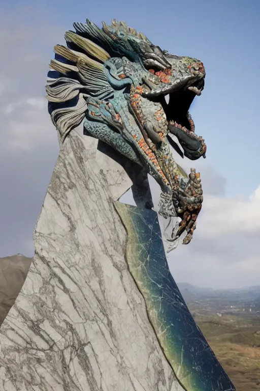 Image similar to epic and dramatic view of quetzalcoatl statue made in albeta marble showing cracks in his full body, realistic and ultra detailed, 8 k