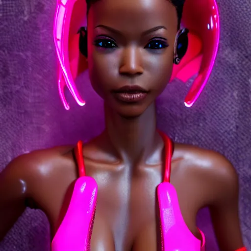 Image similar to cinematic, full shot, realistic cyberpunk african barbie, short pink hair brown skin, barbie cyborg, perfect face, perfect body, plastic skin, mattel, red latex catsuit with led, high boots, ghost in the shell, hajime sorayama, h 7 6 8