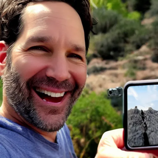 Prompt: paul rudd smiling a huge grin, taking a selfie with a big ant, hd 4 k photo