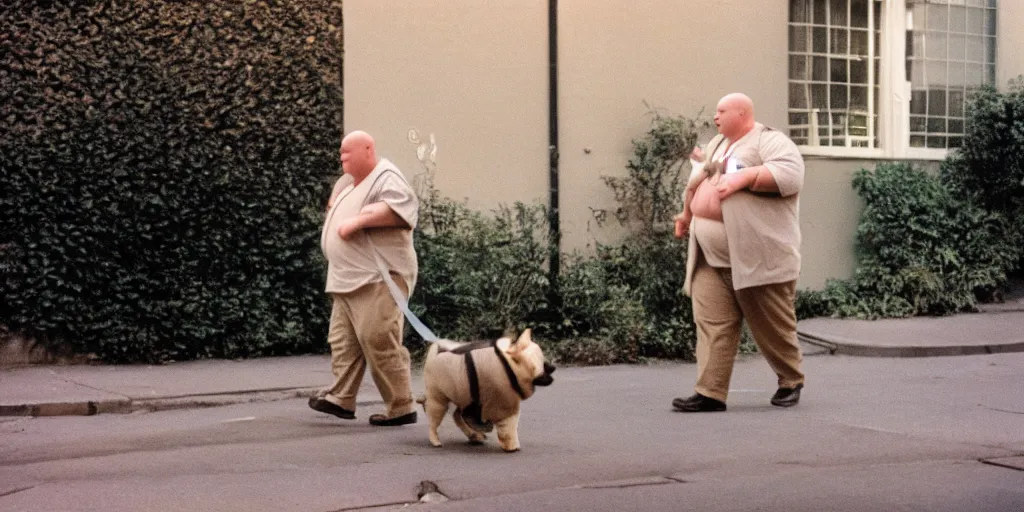 Prompt: obese bald british man with no neck walking his small dog on the sidewalk next to a bush, cinestill 8 0 0 t