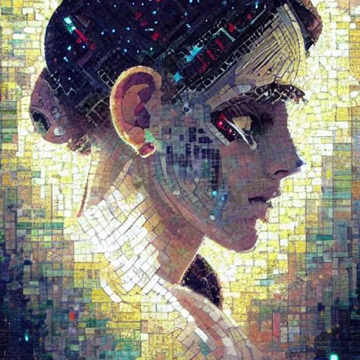 Prompt: mosaic portrait of a beautiful young girl with robot ears falling into the universe by greg rutkowski, 4k, intricate details, dichotomy