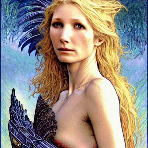 Prompt: head and shoulders portrait of a winged harpy portrayed by gwynneth paltrow, d & d, fantasy, luis royo, magali villeneuve, donato giancola, wlop, krenz cushart, hans zatka, klimt, alphonse mucha