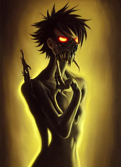 Prompt: dark portrait painting of tracer from overwatch, in style of zdzisław beksinski, scary, horror, overwatch tracer character, detailed face, dressed in dark garment, black tendrils, tall,