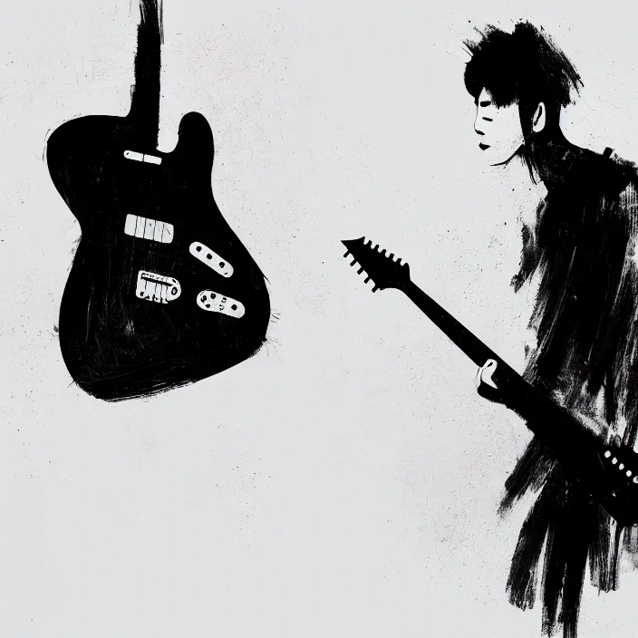 Image similar to large diagonal brush strokes, abstract dark painting of a young korean male musician wearing black tank top holding a telecaster!!! electric guitar!!, thick flowing dramatic brush strokes, dark matte colors!!, abstract, impressionist, motion, trending on artstation