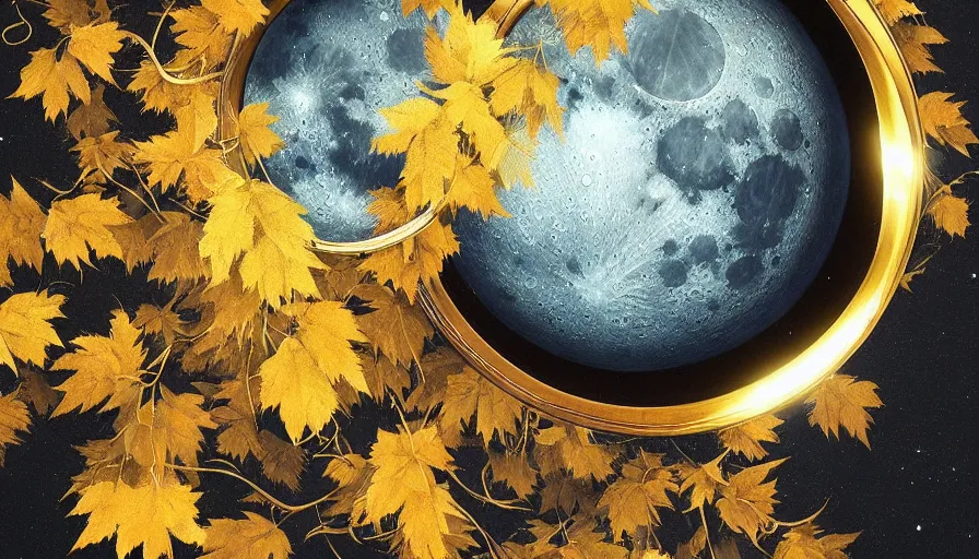 Prompt: golden leaves at frame border, creative!!! composition for a book cover!!!, absurdly beautiful, ultrafine hyperrealistic detailed moon by wlop and artgerm and greg rutkowski, intricate linework, sharp focus, smooth, octopath traveler, final fantasy, unreal engine, dramatic lighting, ethereal, 8 k