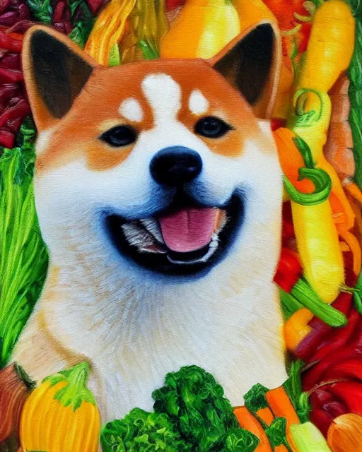 Image similar to shiba made of vegetables, oil painting, portrait