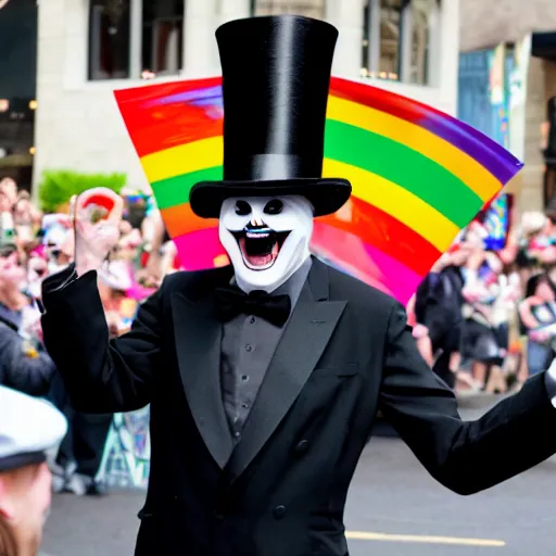 Image similar to The Babadook in black coat and top hat at a pride parade, photograph