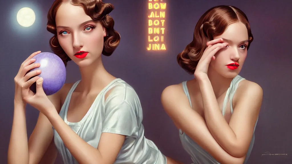 Prompt: art deco bowling alley, cute girl bowling, photo, ultra detail, photoreal, professionally retouched, soft moonlight lighting, shiny plastic miniskirt, realistic, smooth face, goddess, luscious lips, perfect eyes, wide angle, sharp focus on eyes, 8 k high definition, insanely detailed, intricate, elegant, art by artgerm and wlop