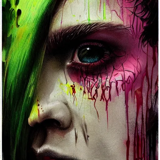 Image similar to a Demon Slayer portrait of Jamie Tovell, tall, pale-skinned, slender with lime green eyes and long eyelashes by Stanley Artgerm, Tom Bagshaw, Arthur Adams, Carne Griffiths, trending on Deviant Art, street art, face enhance, chillwave, maximalist, full of color, glittering