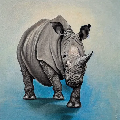 Image similar to oil on canvas of, rhinoceros hatching from an egg in hawaii