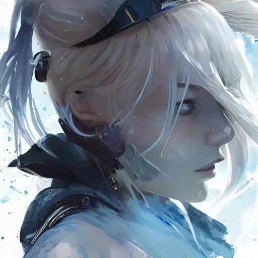 Prompt: highly detailed portrait of a hopeful young astronaut lady with a wavy blonde hair, by Dustin Nguyen, Akihiko Yoshida, Greg Tocchini, Greg Rutkowski, Cliff Chiang, 4k resolution, nier:automata inspired, dishonored inspired, vibrant but dreary but upflifting thunder blue, black and white color scheme!!! ((Digital dying planet background))