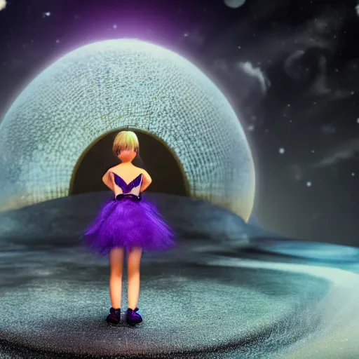 Prompt: a girl with silver-violet hair, white eyes and a golden shiny dress against the backdrop of a nuclear explosion, wide lens, diorama, 4k,